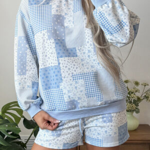 Autumn New Loose Casual Set for Women, Print Patchwork Plaid Long Sleeves Two-Piece Lounge Wear Set