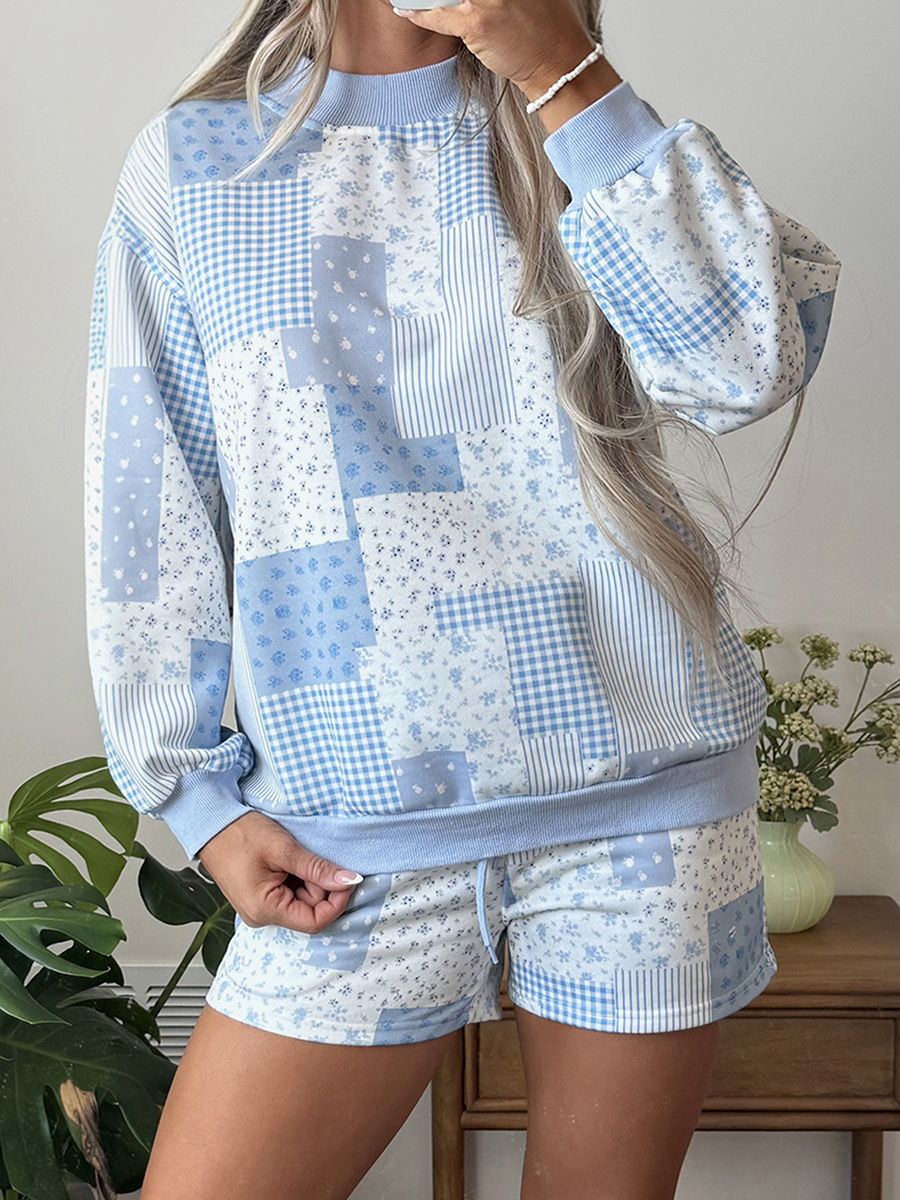 Autumn New Loose Casual Set for Women, Print Patchwork Plaid Long Sleeves Two-Piece Lounge Wear Set - Image 1