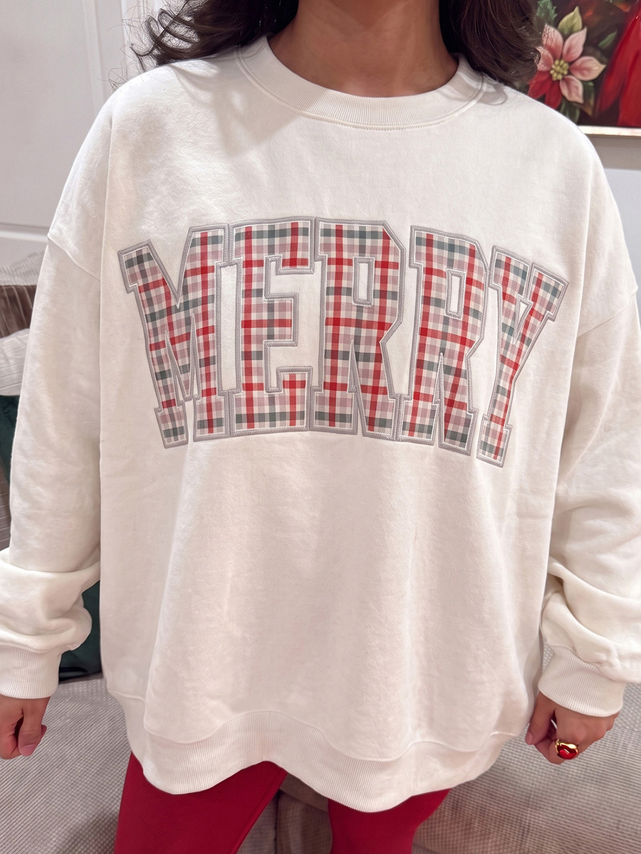 Christmas Merry Casual Style Embroidered Lettering Patch Sweatshirt for Women - Image 2