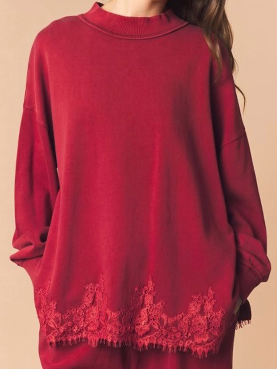 Autumn New Solid Color Half-neck Top for Women, Lace hem Sweatshirt for Women - Image 2